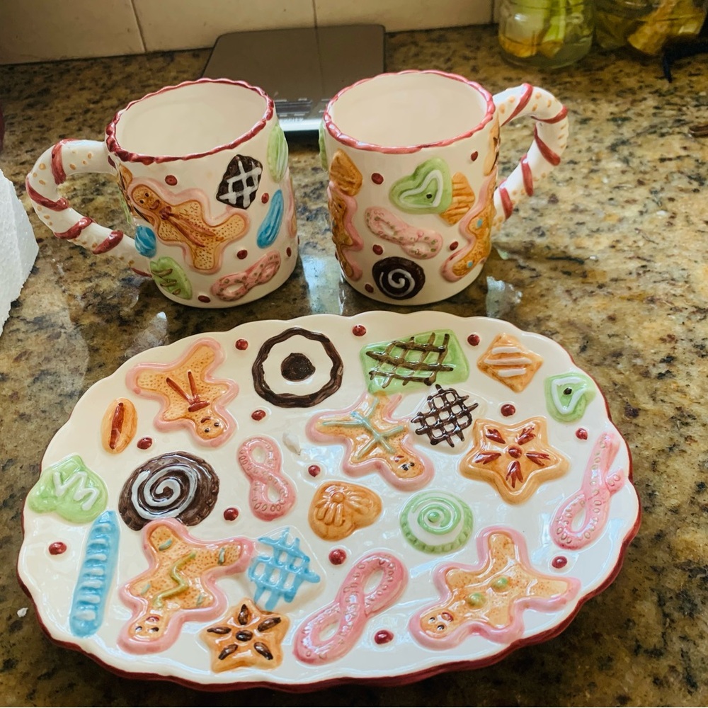 Christmas Holiday Ginberbread Platter Tray Set with mugs